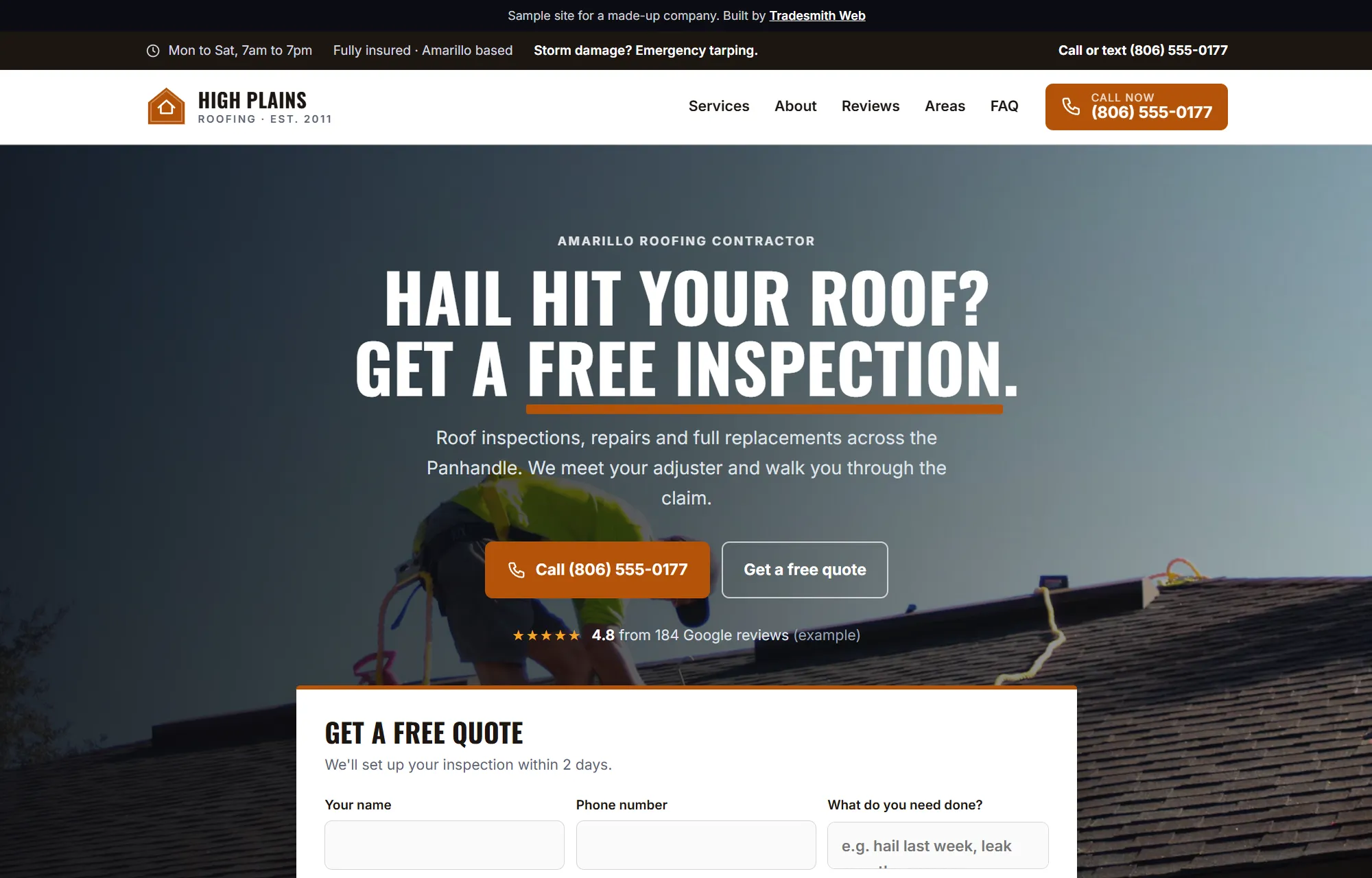 Sample roofing company website on a laptop
